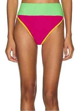 Beach Riot Emmy High Rise Bikini Bottom Colorblock Fuchsia Green Yellow Size S